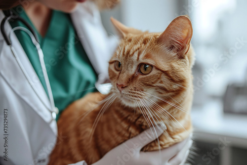 orange domestic cat being examined by a veterinarian in vet clinic., focus on cat, pet healthcare concept