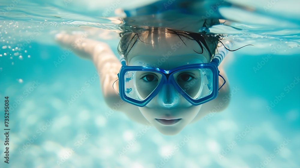 Generative AI : A little boy with mask and snorkel enjoys the underwater life of the tropical ocean wth colorful fishes