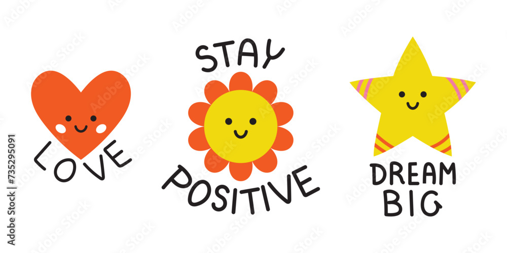 Vector motivational sticker set. Cute smiling heart, flower and star with positive phrases. Funny motivation stickers for planner. Clipart collection in flat design.