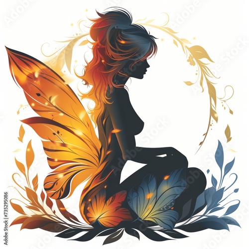 fata, sagoma, profilo infuocato arcobaleno foglie e piume