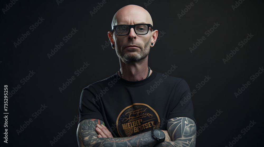 Cool digital artist with tattoo, black glasses and bald head - obrazy, fototapety, plakaty 