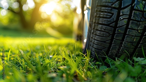 Close-up of summer car tires on lush green grass. Detailed shot showcasing the seasonal tread photo