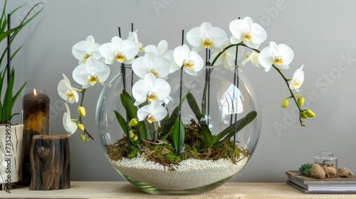 White Orchid Flowers in Glass Terrarium for Home Decor AI Generated.