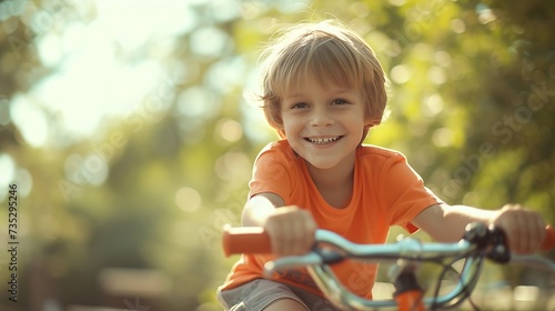 Generative AI : Young smiling boy riding a bike