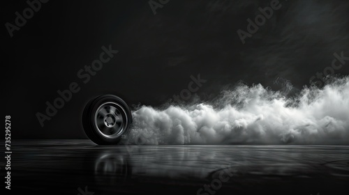 Captivating shot of a car tire emitting smoke on a sleek black background. Close-up, emphasizing the intensity of the burnout © pvl0707