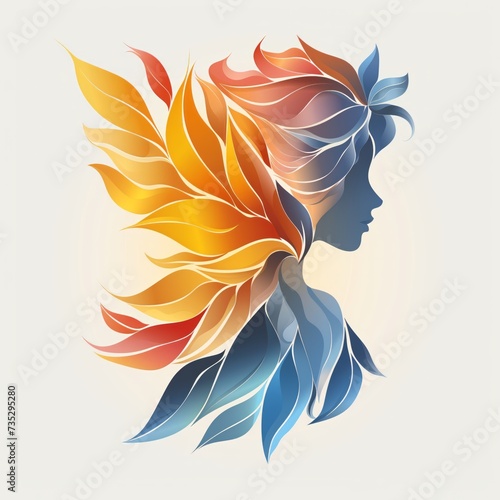 fata, sagoma, profilo infuocato arcobaleno foglie e piume photo