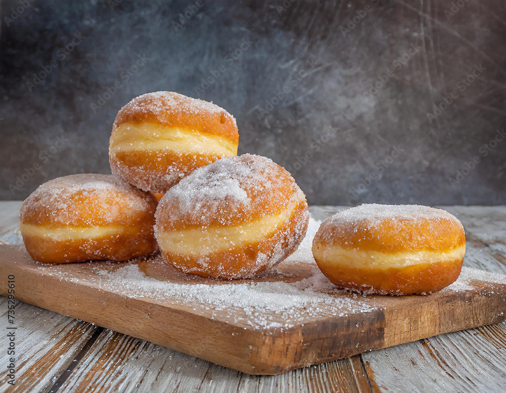 Donuts or Krapfen with icing sugar on a wooden background. Selective focus.