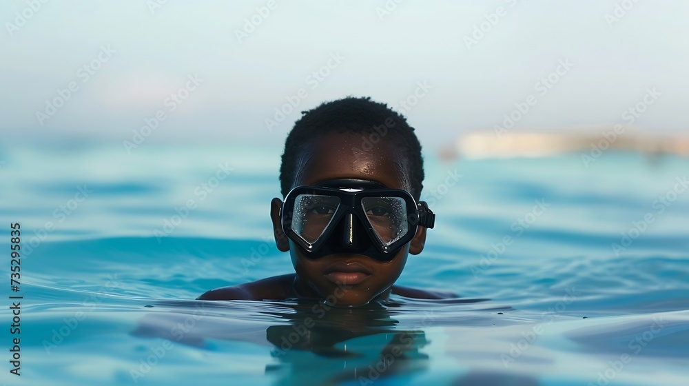 Naklejka premium Generative AI : African American boy of school age wearing mask and snorkel while diving in ocean 