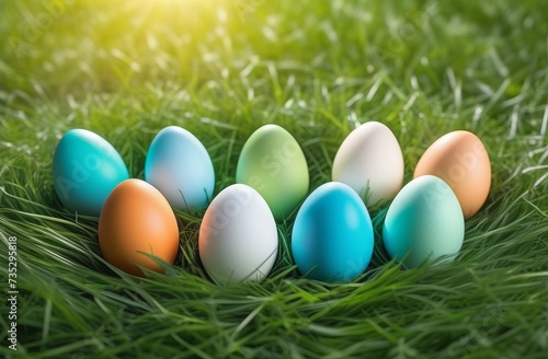 easter eggs in grass. Multi-colored eggs lie on the green grass in a semicircle, Easter, spring, sun 