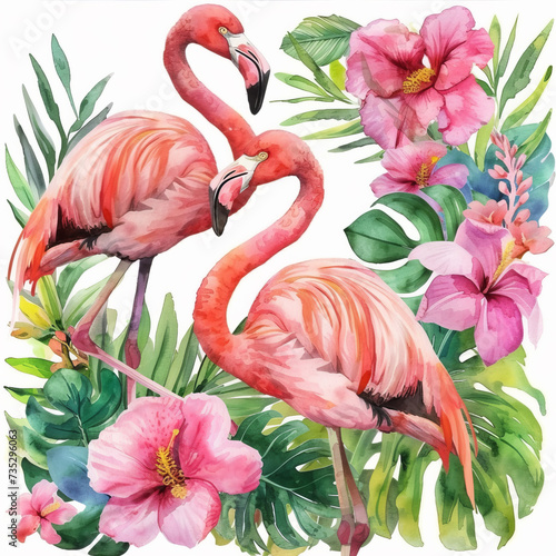 Flamingo in tropical plants on a white background. Watercolor illustration. © Ольга Никифорова
