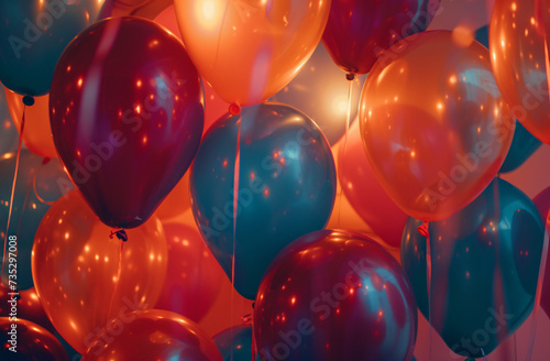 Warm Glow of Celebration: Ruby and Sapphire Balloons against a Lustrous Tangerine Backdrop - Festive Elegance