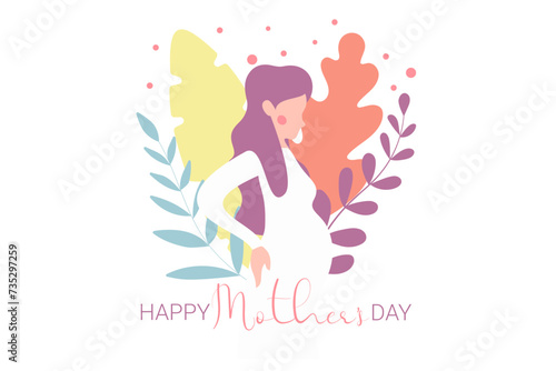 Happy Mother s day greeting card. Pregnant woman with baby. Modern hand drawn vector in flat style. Happy Mothers day text. Motherhood
