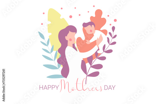 Vector Illustration Of Mother Holding Baby Son In Arms. Happy Mother`s Day Greeting Card.