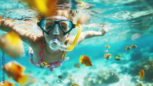 Generative AI : girl with mask and snorkel enjoys the underwater life of the tropical ocean wth colorful fishes