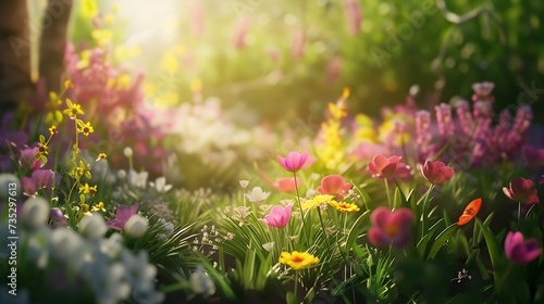 Generative AI : Spring flower bed. Beautiful spring meadow