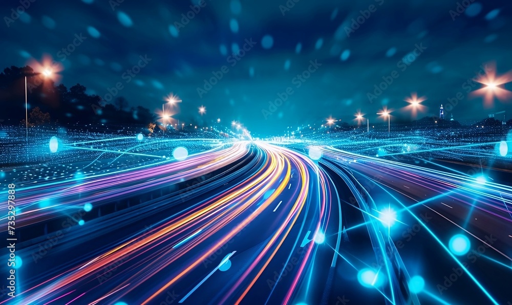 Night traffic light lines of cars in motion on a city highway with technology light effect with background blur