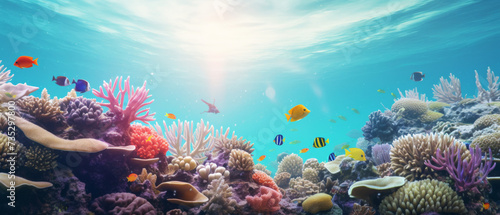 Sunlit Coral Reef Ecosystem Teeming with Marine Life in Clear Blue Ocean Waters © Priessnitz Studio