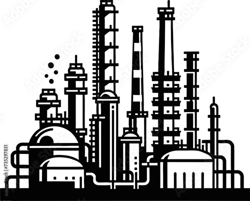 Oil Refinery Industry Black and White Vector Illustration.