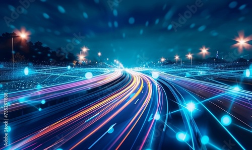 Night traffic light lines of cars in motion on a city highway with technology light effect with background blur © Зайцева Ирина