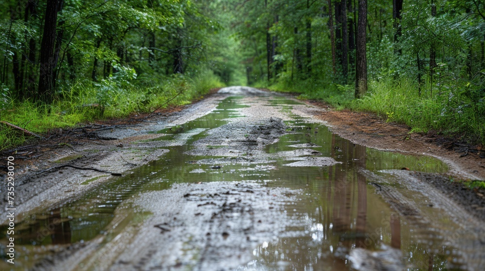 Obraz premium Scenic view of the forest road with water pits after rainfall