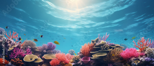 Sunlit Coral Reef Ecosystem Teeming with Marine Life in Clear Blue Ocean Waters © Priessnitz Studio