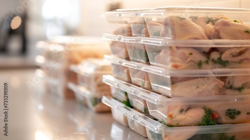 Generative AI : Meal prep. Stack of home cooked roast chicken dinners in containers ready to be frozen