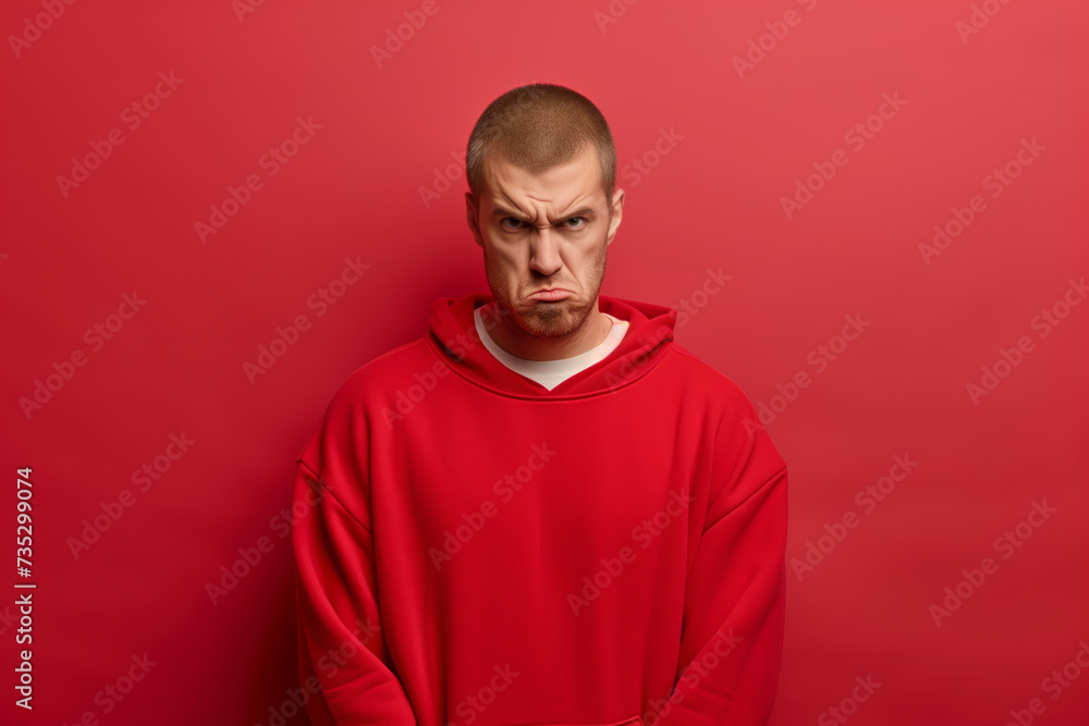 A man very surprised by a portrait on a red background A man very surprised by a portrait on a red background