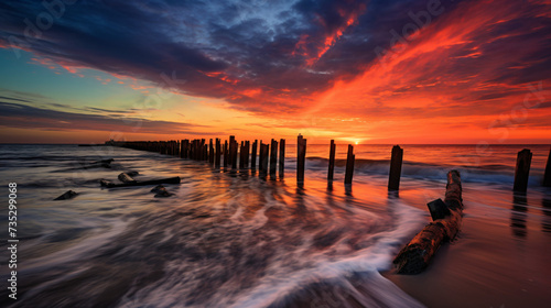  Summer sunrise over ocean outfall pipes photo
