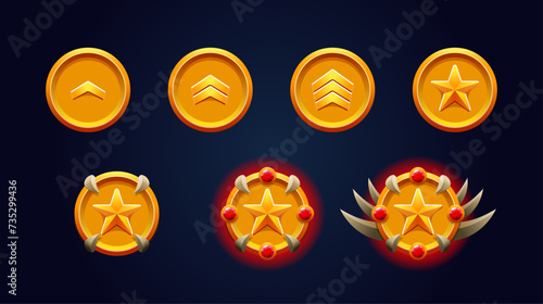 Rank patent gold set. red gemstones, star and spikes. 3d metal effect. Perfect for game achievements.