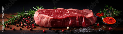 Raw Ribeye Steak on Wooden Board with Herbs