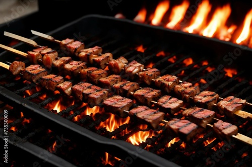 Grilled meat on skewers on barbecue grill, close-up