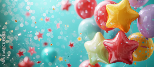 Multi-colored balloons and confetti on a blue background. Festive and party background. AI Generative