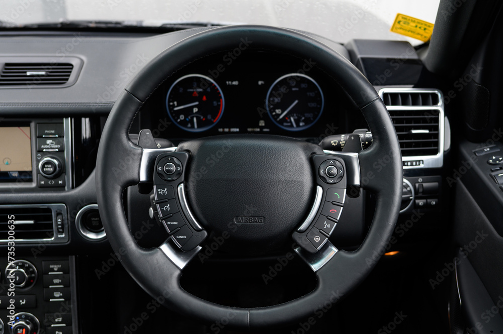 Luxury car interior steering wheel