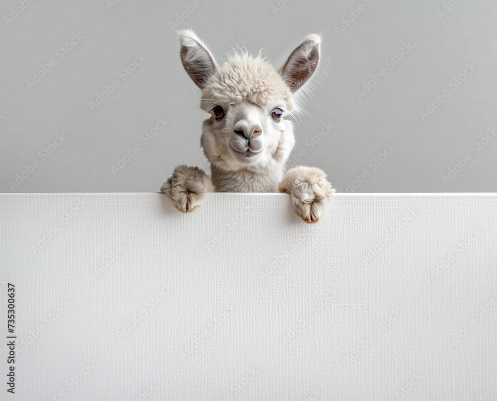 Fototapeta premium Cute lama hanging over a white poster with empty space. Generative AI