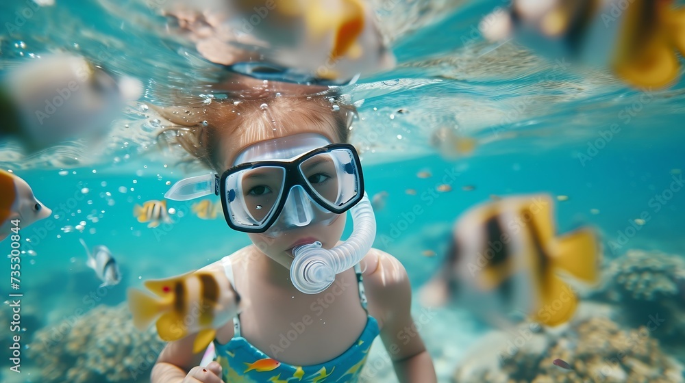 Naklejka premium Generative AI : girl with mask and snorkel enjoys the underwater life of the tropical ocean wth colorful fishes