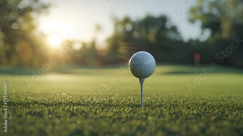 Generative AI : Golf ball on tee in beautiful golf course at sunset background. 