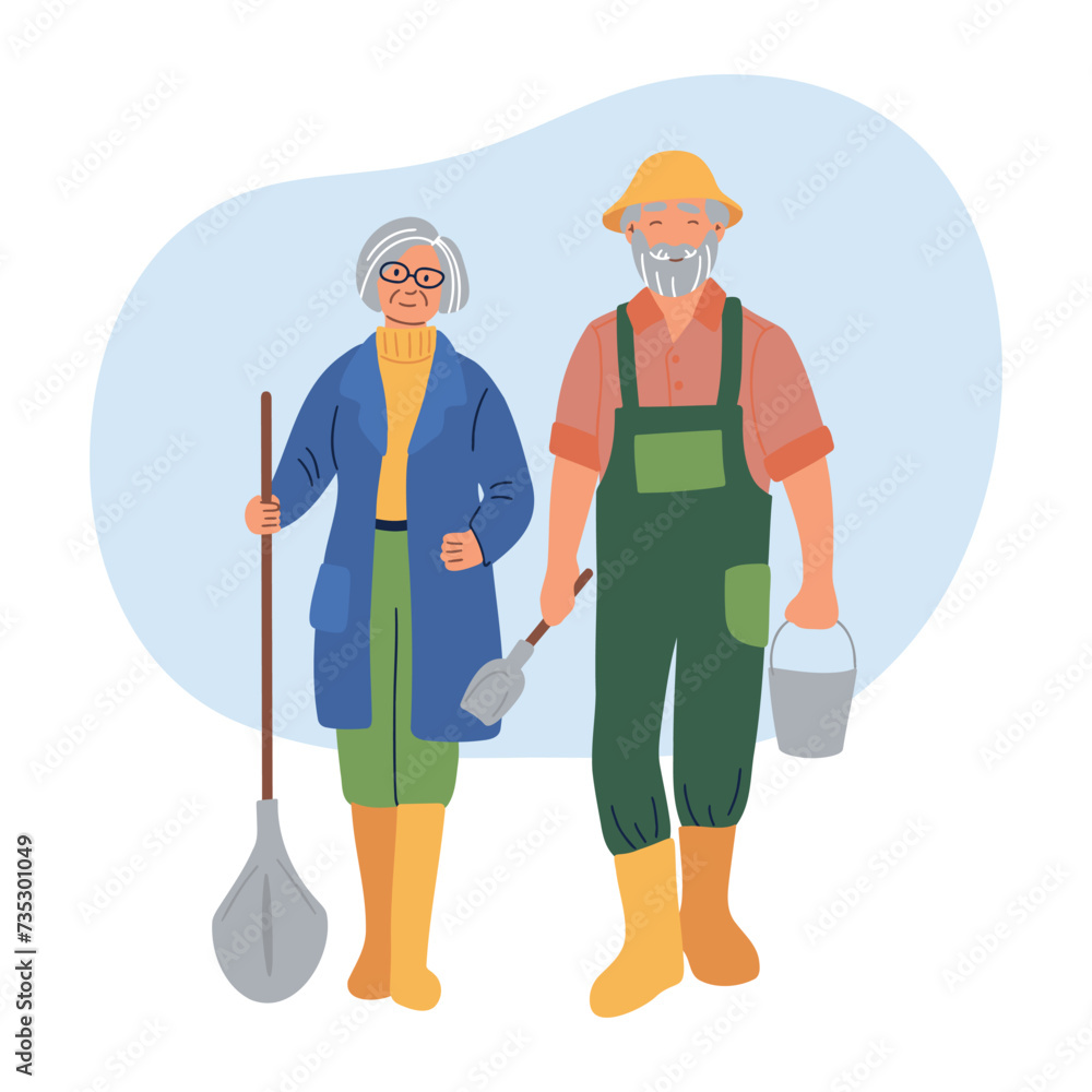 Elderly couple working in the garden. Seniors plant young trees. A man is digging the ground, a woman is watering plants. Elderly people care, active lifestyle. Vector Illustration isolated on white B Elderly couple working in the garden. Seniors plant young trees. A man is digging the ground, a woman is watering plants. Elderly people care, active lifestyle. Vector Illustration isolated on white B