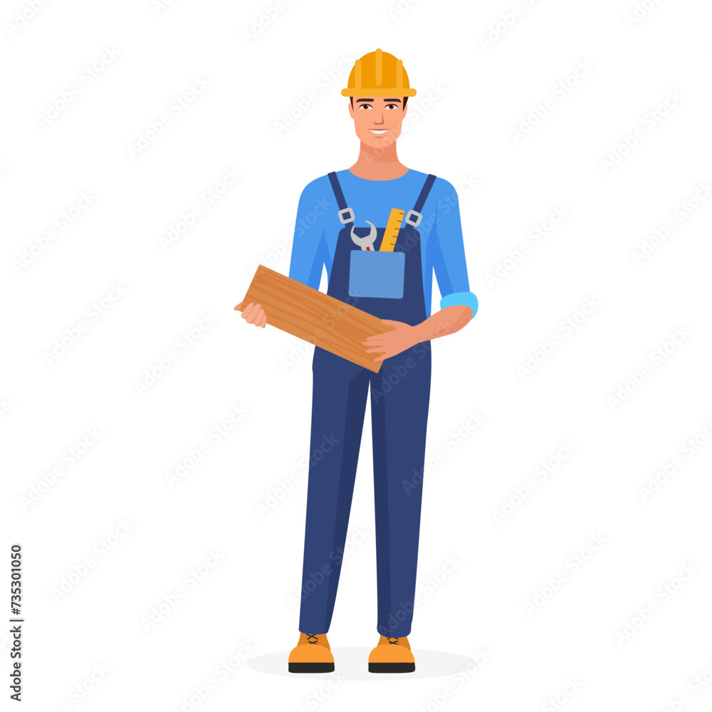 Happy carpenter holding wooden board, male craftsman in helmet vector illustration