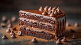 A chocolate cake in a delicious temptation that melts in your mouth, with its fluffy dough and creamy topping. Luxurious cake for chocolate lovers.