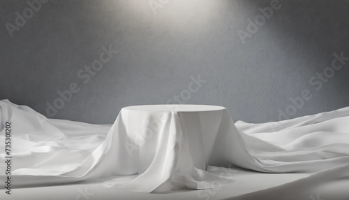 White cloth-covered table in a dark room with a spotlight shining on it. Podium stage for product presentation or advertising