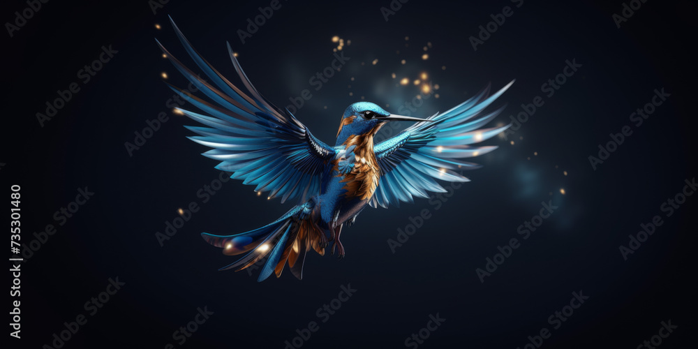 Fototapeta premium Blue Kingfisher in Flight with Glowing Sparks on a Dark Background