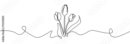 Tulip one line drawing. Flower one line. Abstract flower continuous line. Minimalist contour drawing of tulip. Continuous line drawing of flower tulip. Hand drawn sketch of flower with leaves.