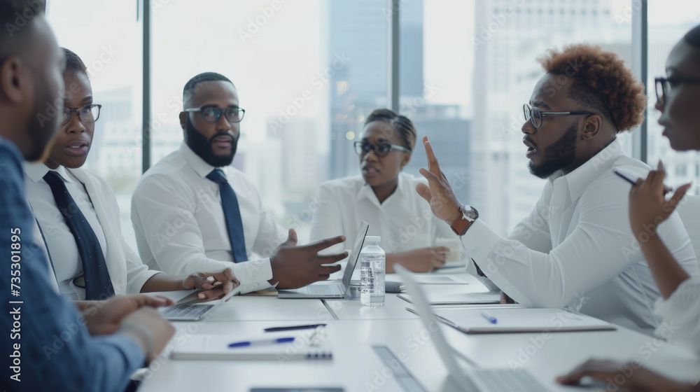 professional meeting individuals around a conference table in a bright office space, actively engaged in a discussion. professional meeting individuals around a conference table in a bright office space, actively engaged in a discussion.