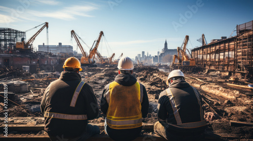 Rear view of a group of construction workers wearing hard hats on an outdoor construction site with construction cranes in the background