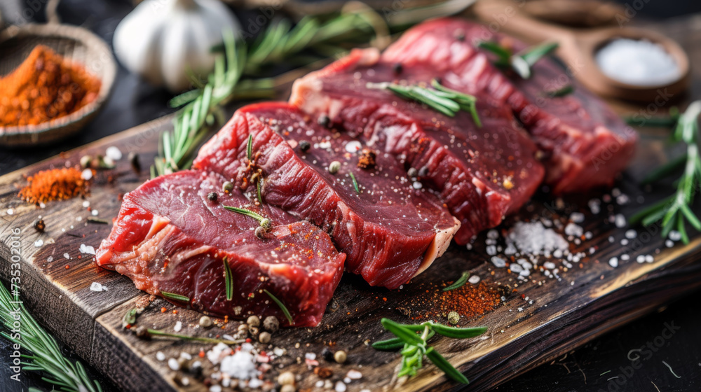 Assorted cuts of raw, marbled steaks artistically arranged on a slate board with fresh herbs, presenting a feast for the senses.