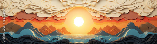 Wooden Layered Artwork of Stylized Waves and Sun on a Warm Toned Horizon