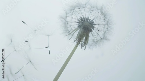 Generative AI   Overblown dandelion with seeds flying away with the wind