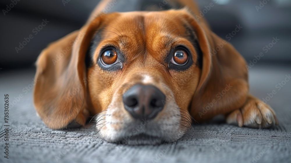 a close up of a dog laying on a couch with it's head resting on the arm of the couch.