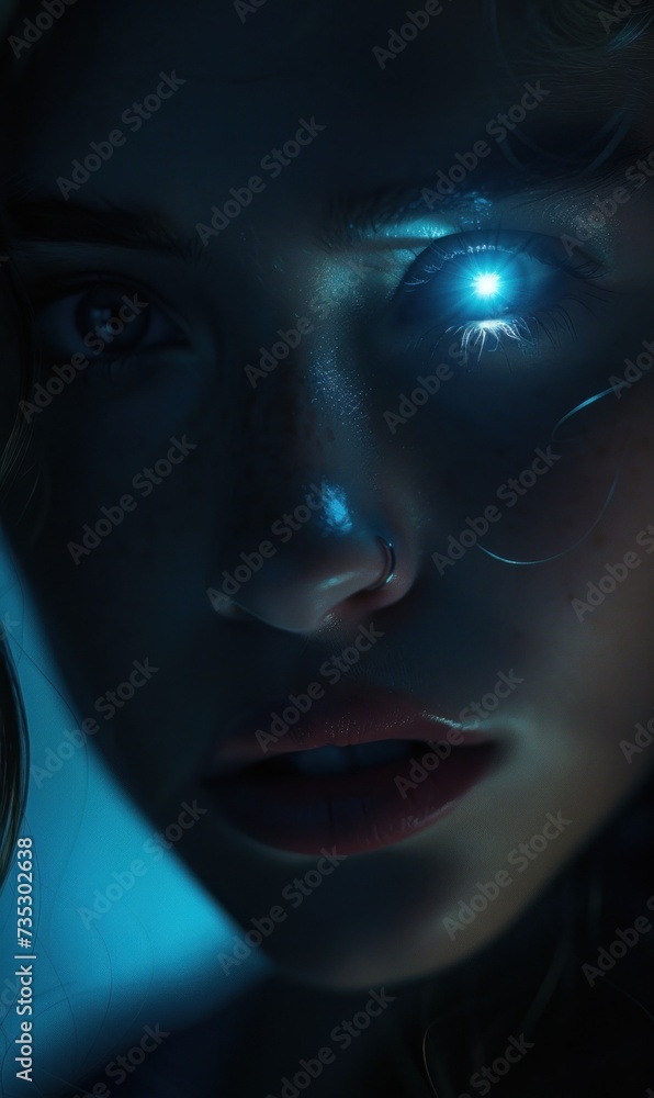 a close up of a woman's face with a blue light shining on her face and eyeliners. a close up of a woman's face with a blue light shining on her face and eyeliners.