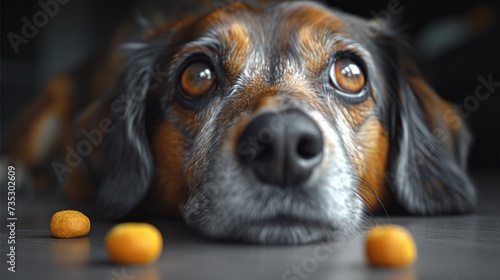 a close up of a dog laying on the ground with oranges in front of it's face and eyes. photo